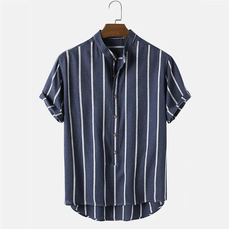 Men's Striped Linen Short Sleeve Shirt Casual Button-Up Summer Top — Image 3