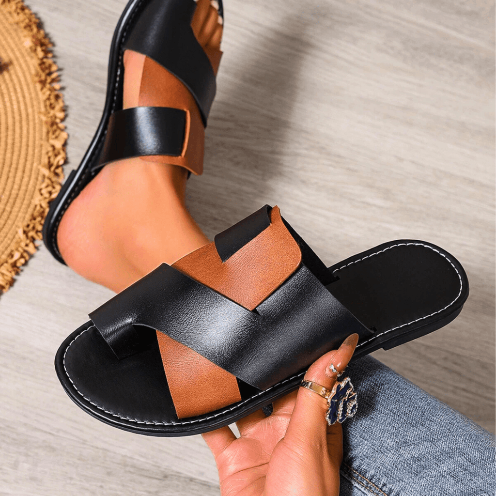 Stylish Cross-Strap Slide Sandals - Black & White Faux Leather - Women's Sizes — Image 7