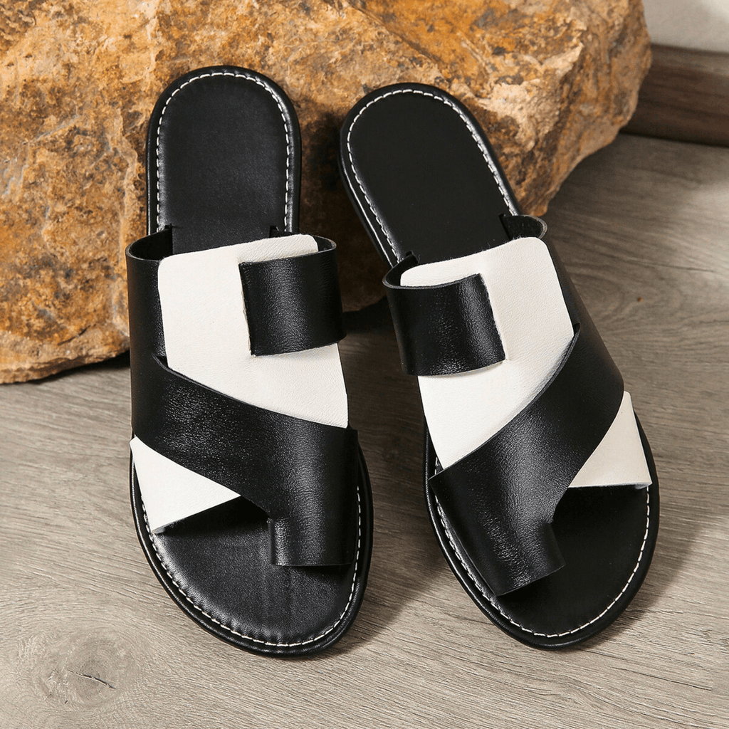 Stylish Cross-Strap Slide Sandals - Black & White Faux Leather - Women's Sizes — Image 5