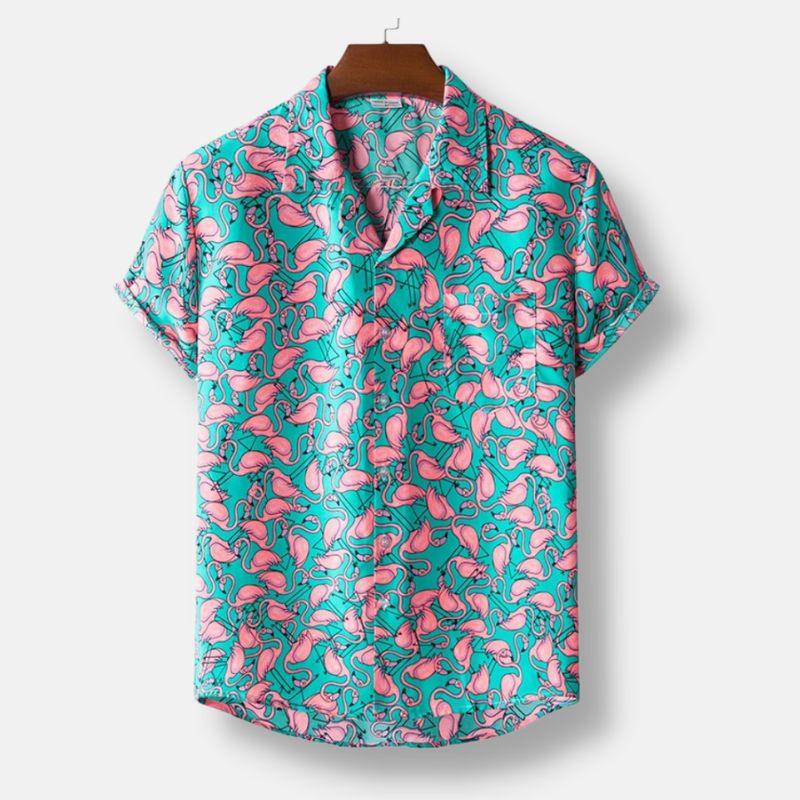 Flamingo Print Hawaiian Shirt Men's Short Sleeve Casual Button-Down Lightweight Beachwear — Main Image