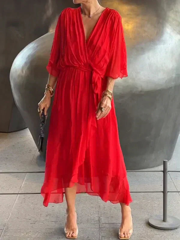 Elegant V-Neck Chiffon Midi Dress in multiple colors, flowy design, sizes S-XL — Image 9