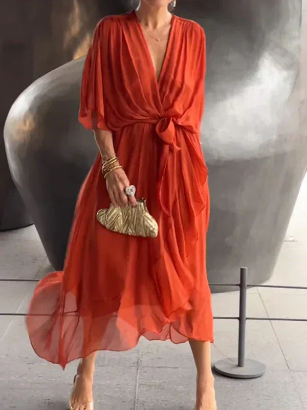 Elegant V-Neck Chiffon Midi Dress in multiple colors, flowy design, sizes S-XL — Image 12