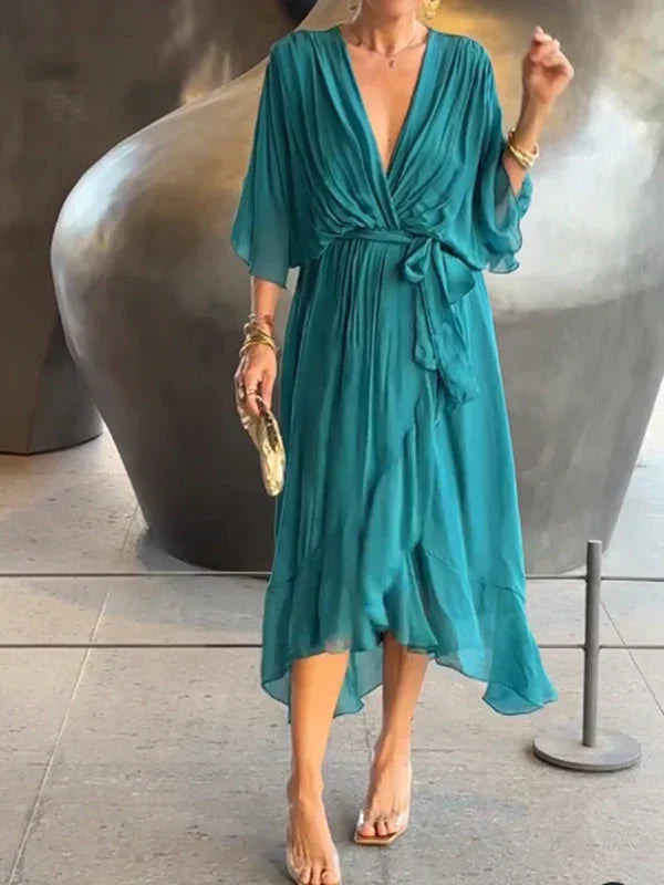 Elegant V-Neck Chiffon Midi Dress in multiple colors, flowy design, sizes S-XL — Image 5