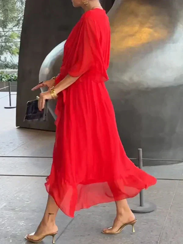 Elegant V-Neck Chiffon Midi Dress in multiple colors, flowy design, sizes S-XL — Image 10