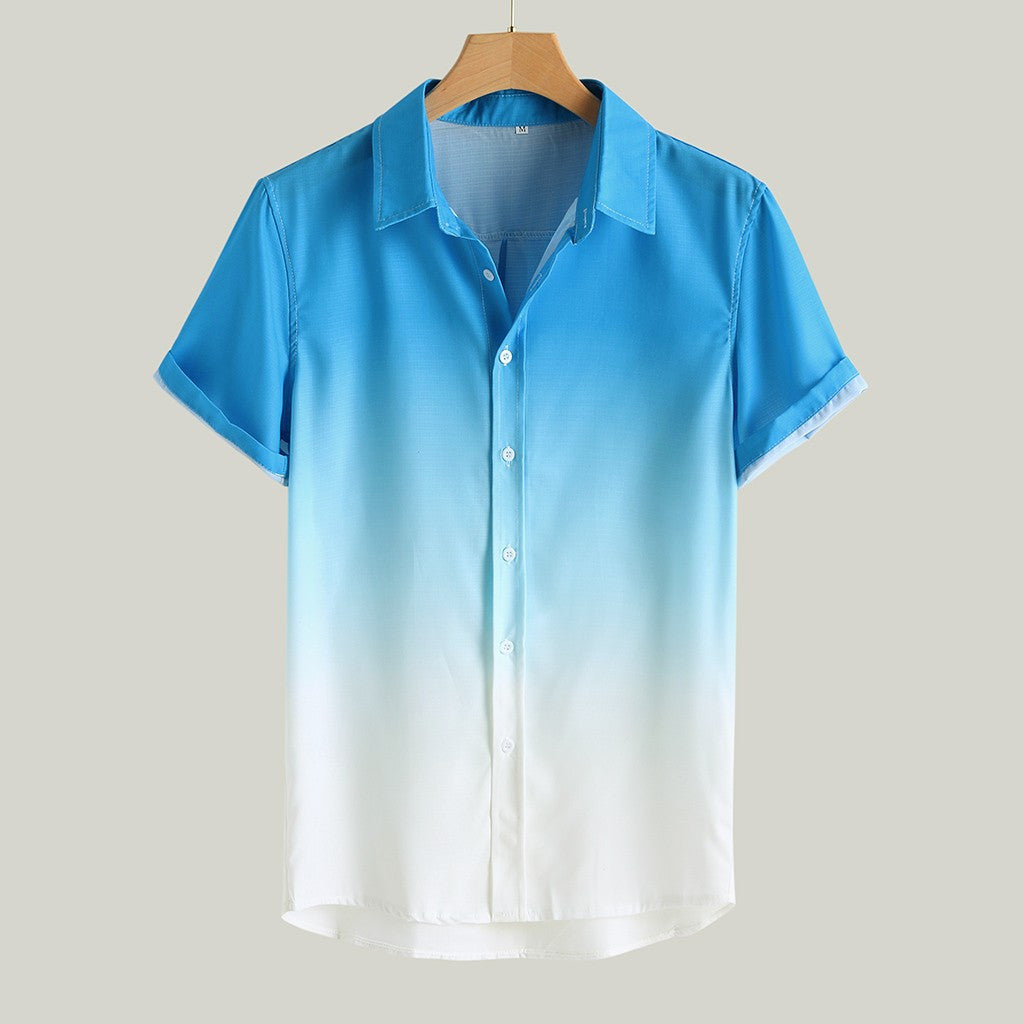 Men's Gradient Short Sleeve Button-Up Shirt Blue Cotton Blend Ombre Design — Image 3