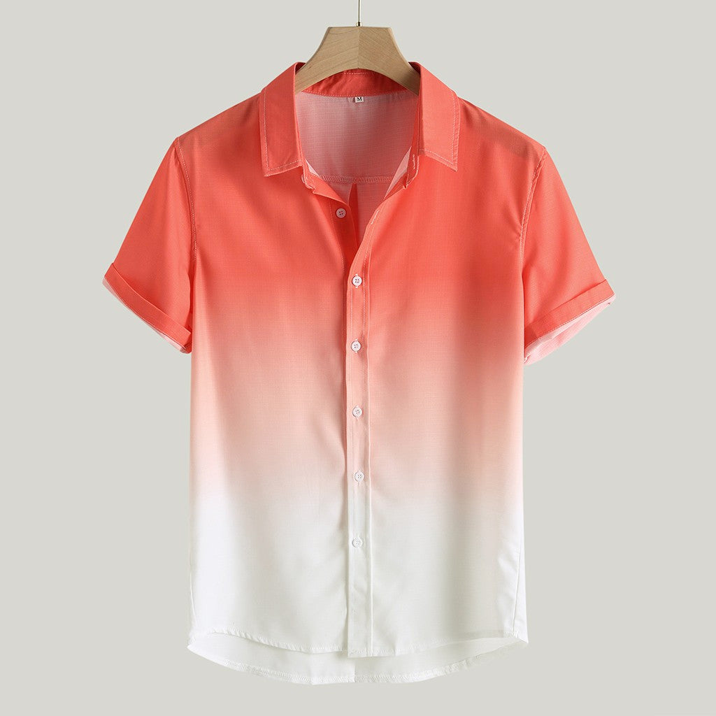 Men's Gradient Short Sleeve Button-Up Shirt Blue Cotton Blend Ombre Design — Image 4