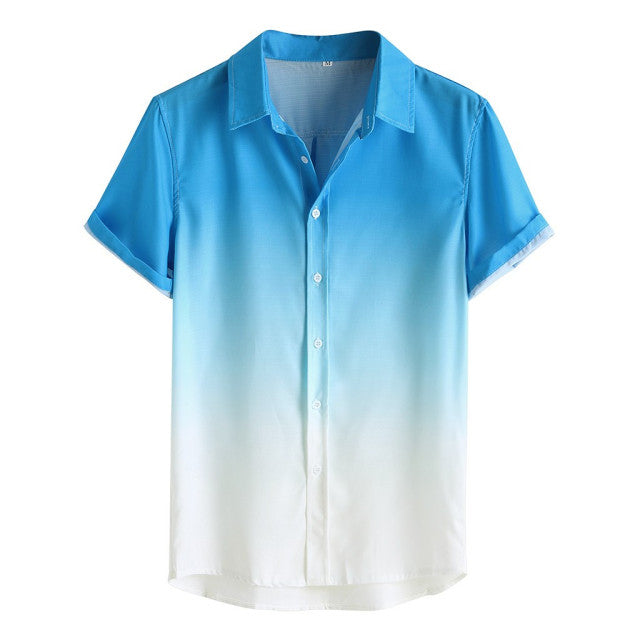 Men's Gradient Short Sleeve Button-Up Shirt Blue Cotton Blend Ombre Design — Image 7