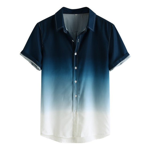 Men's Gradient Short Sleeve Button-Up Shirt Blue Cotton Blend Ombre Design — Image 2