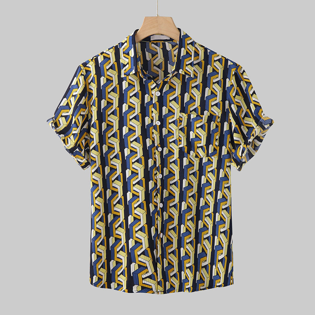 Men's Gradient Short Sleeve Button-Up Shirt Blue Cotton Blend Ombre Design — Image 5