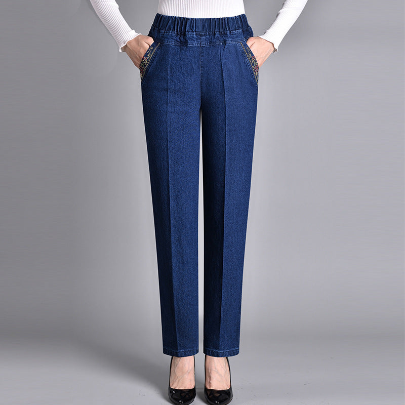Women's High-Waist Stretch Denim Pants Elastic Waist Straight-Leg Trousers with Pockets — Image 3