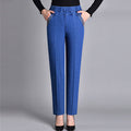 Women's High-Waist Stretch Denim Pants Elastic Waist Straight-Leg Trousers with Pockets — Main Image