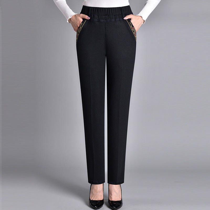 Women's High-Waist Stretch Denim Pants Elastic Waist Straight-Leg Trousers with Pockets — Image 2