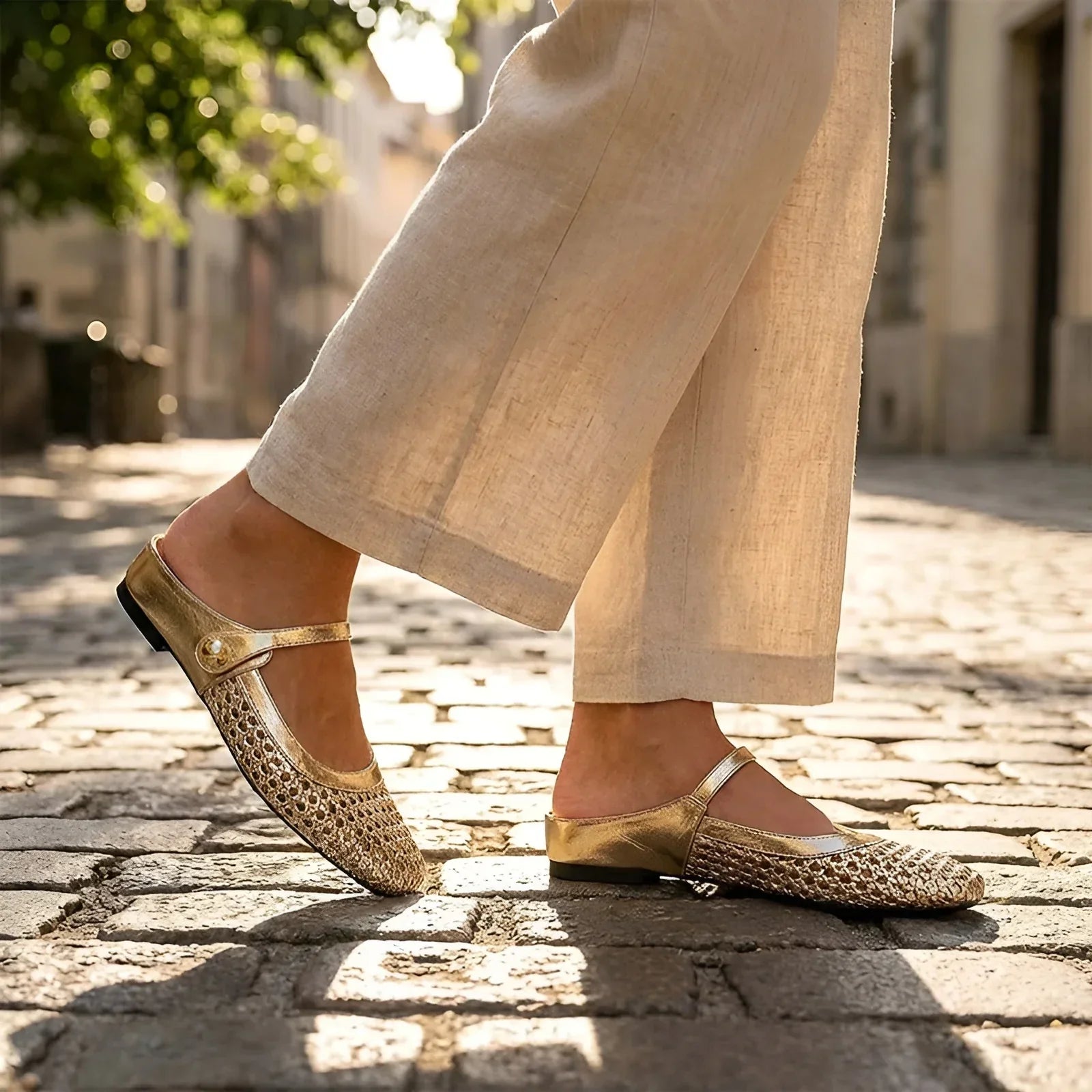 Elegant Women's Woven Flats Gold & Black Leather Mary Jane Style Comfortable Shoes — Image 3