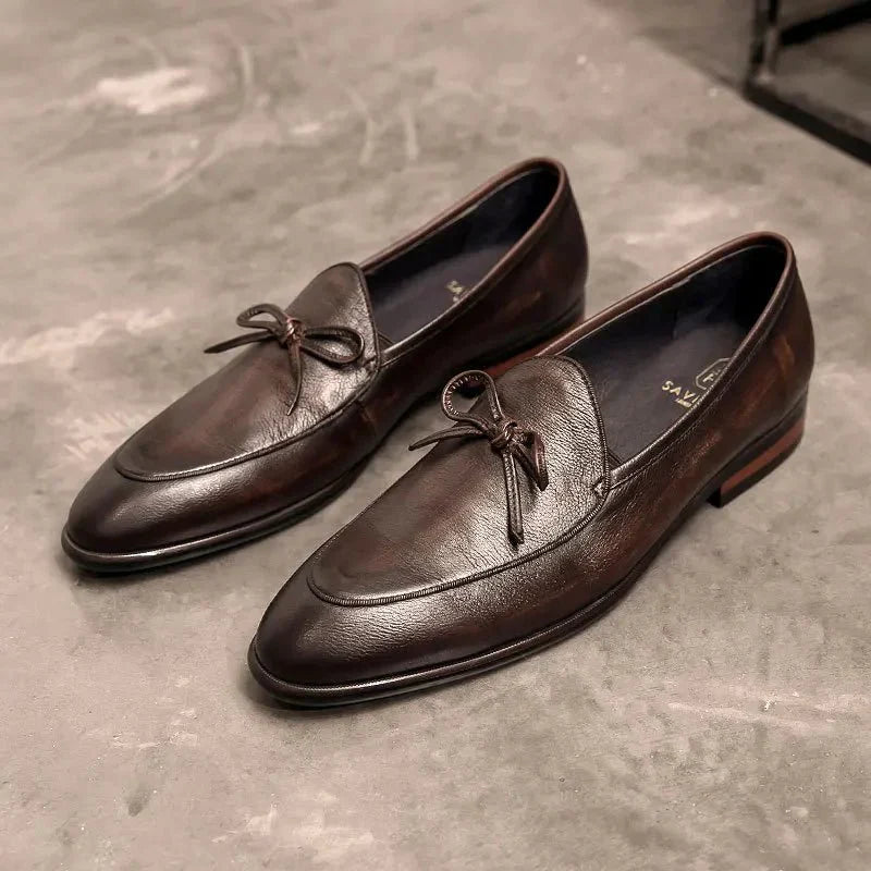 Brand Men's Leather Loafers Slip-On Bow Detail Formal Dress Shoes Brown Black — Image 11