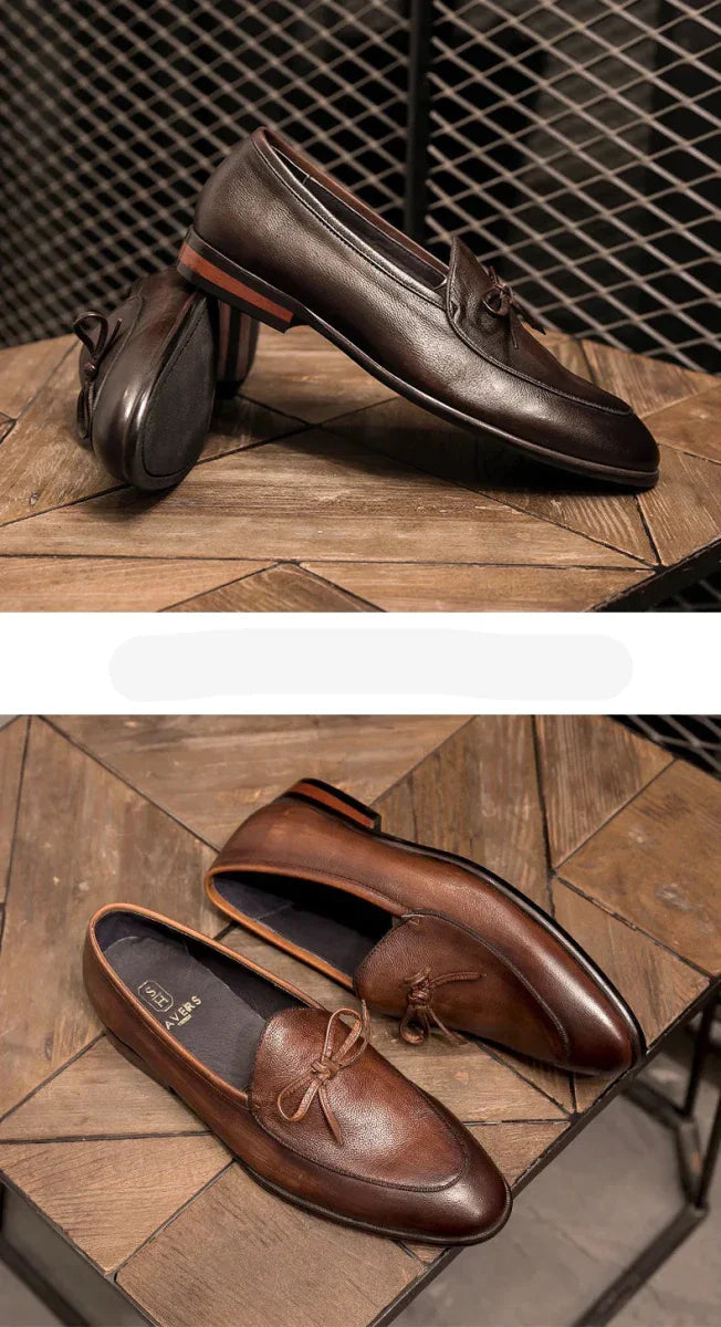 Brand Men's Leather Loafers Slip-On Bow Detail Formal Dress Shoes Brown Black — Image 8