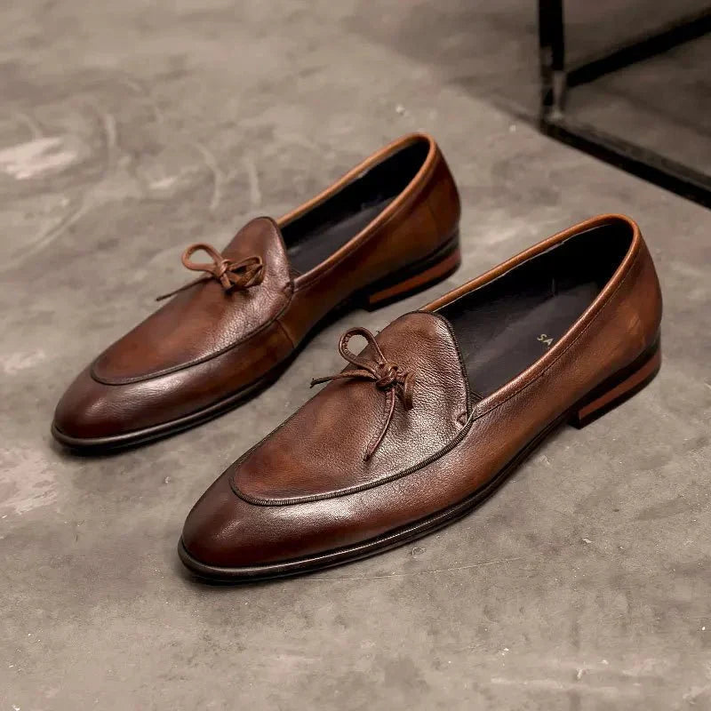 Brand Men's Leather Loafers Slip-On Bow Detail Formal Dress Shoes Brown Black — Image 10