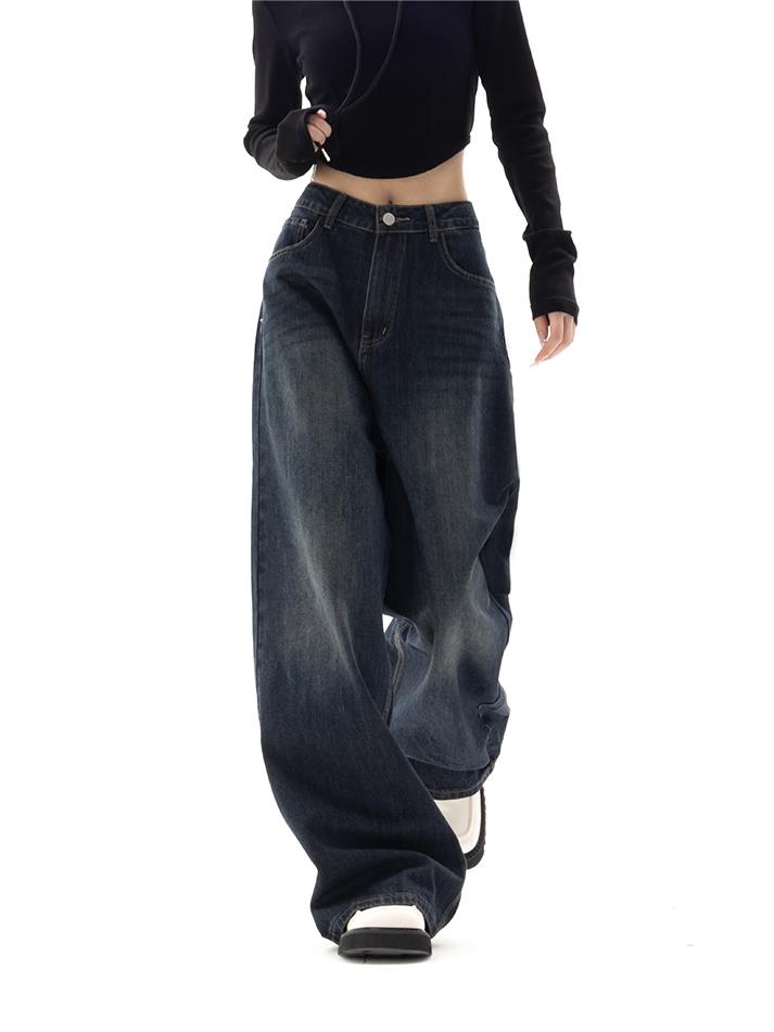 Women's Wide-Leg Denim Jeans Dark Blue Comfortable Fit High Waist — Main Image
