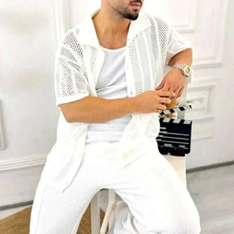 Men's Open Knit Button-Up Short Sleeve Cardigan Beige Cotton Blend Summer Shirt — Image 8