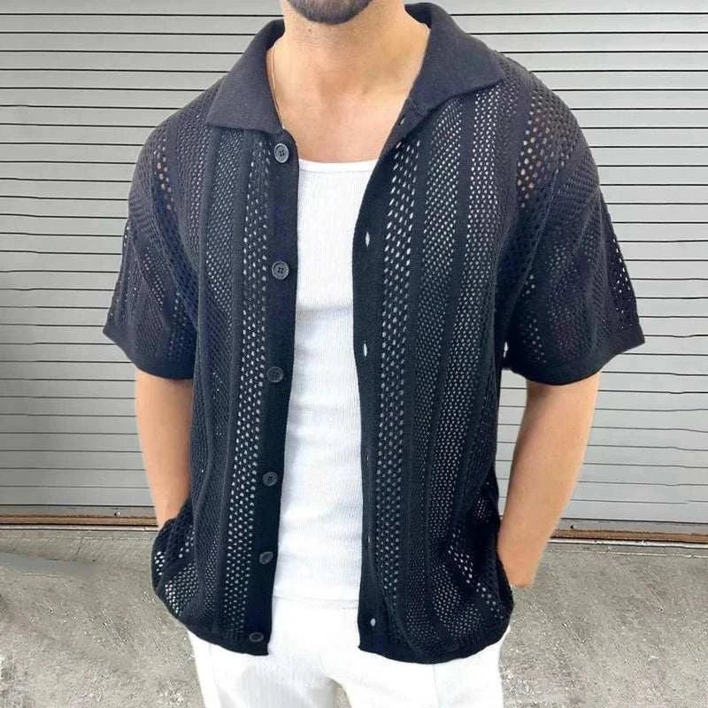Men's Open Knit Button-Up Short Sleeve Cardigan Beige Cotton Blend Summer Shirt — Image 3