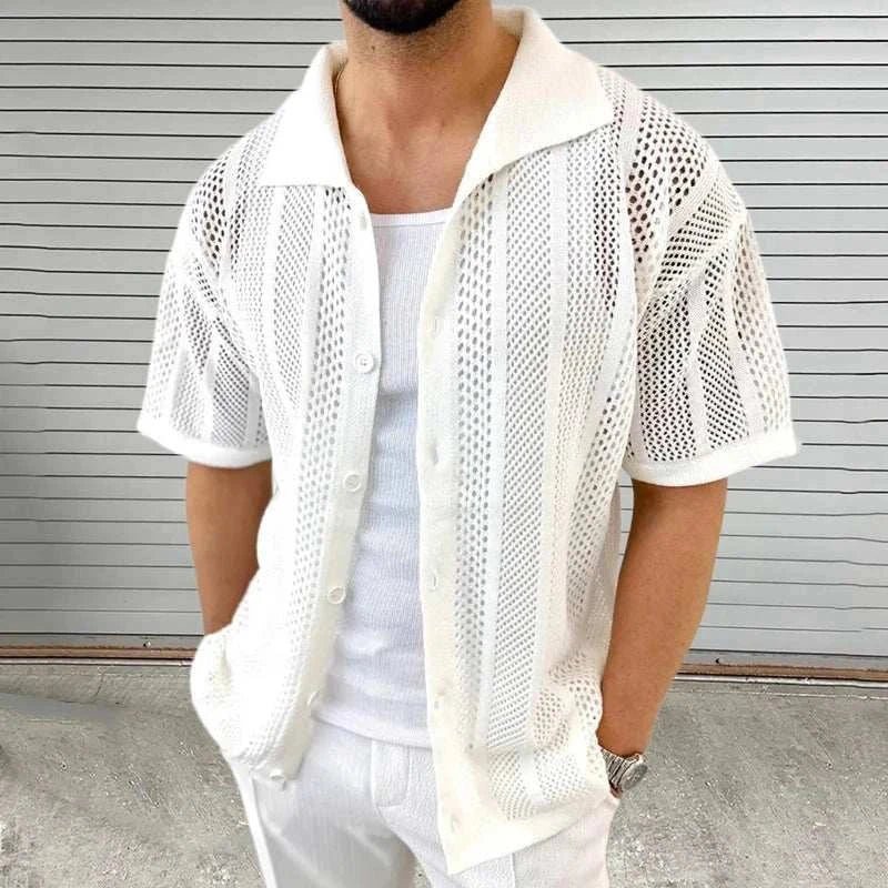 Men's Open Knit Button-Up Short Sleeve Cardigan Beige Cotton Blend Summer Shirt — Image 6