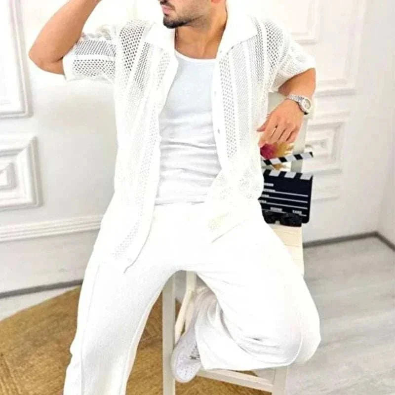 Men's Open Knit Button-Up Short Sleeve Cardigan Beige Cotton Blend Summer Shirt — Image 9