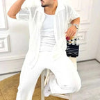 Men's Open Knit Button-Up Short Sleeve Cardigan Beige Cotton Blend Summer Shirt — Image 9