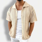 Men's Open Knit Button-Up Short Sleeve Cardigan Beige Cotton Blend Summer Shirt — Main Image