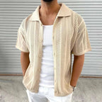 Men's Open Knit Button-Up Short Sleeve Cardigan Beige Cotton Blend Summer Shirt — Image 2