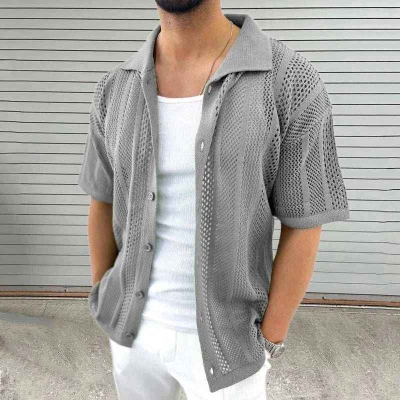 Men's Open Knit Button-Up Short Sleeve Cardigan Beige Cotton Blend Summer Shirt — Image 5