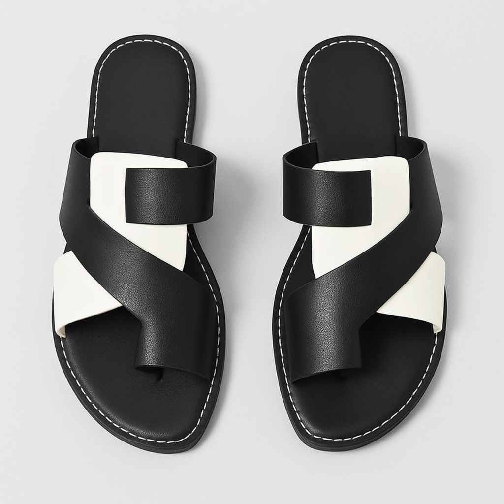 Stylish Cross-Strap Slide Sandals - Black & White Faux Leather - Women's Sizes — Main Image