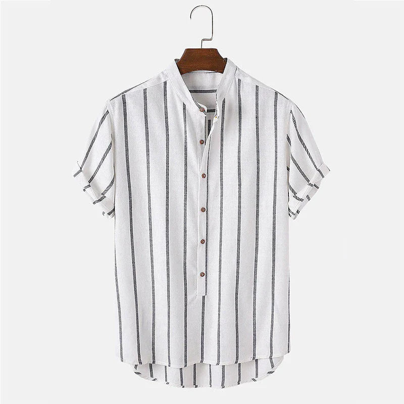 Men's Striped Linen Short Sleeve Shirt Casual Button-Up Summer Top — Image 2